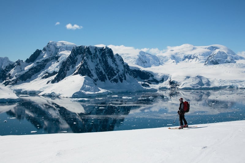 A cross country skier takes in the epic views on a Quark expedition to Antarctica.