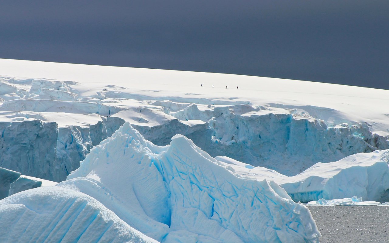 Snowshoers enjoy an exclusive vantage point from high atop a ridge on the Antarctic Peninsula. Photo: Miranda Miller