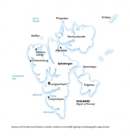 Map of Spitsbergen and regions that you can visit on an Arctic expedition