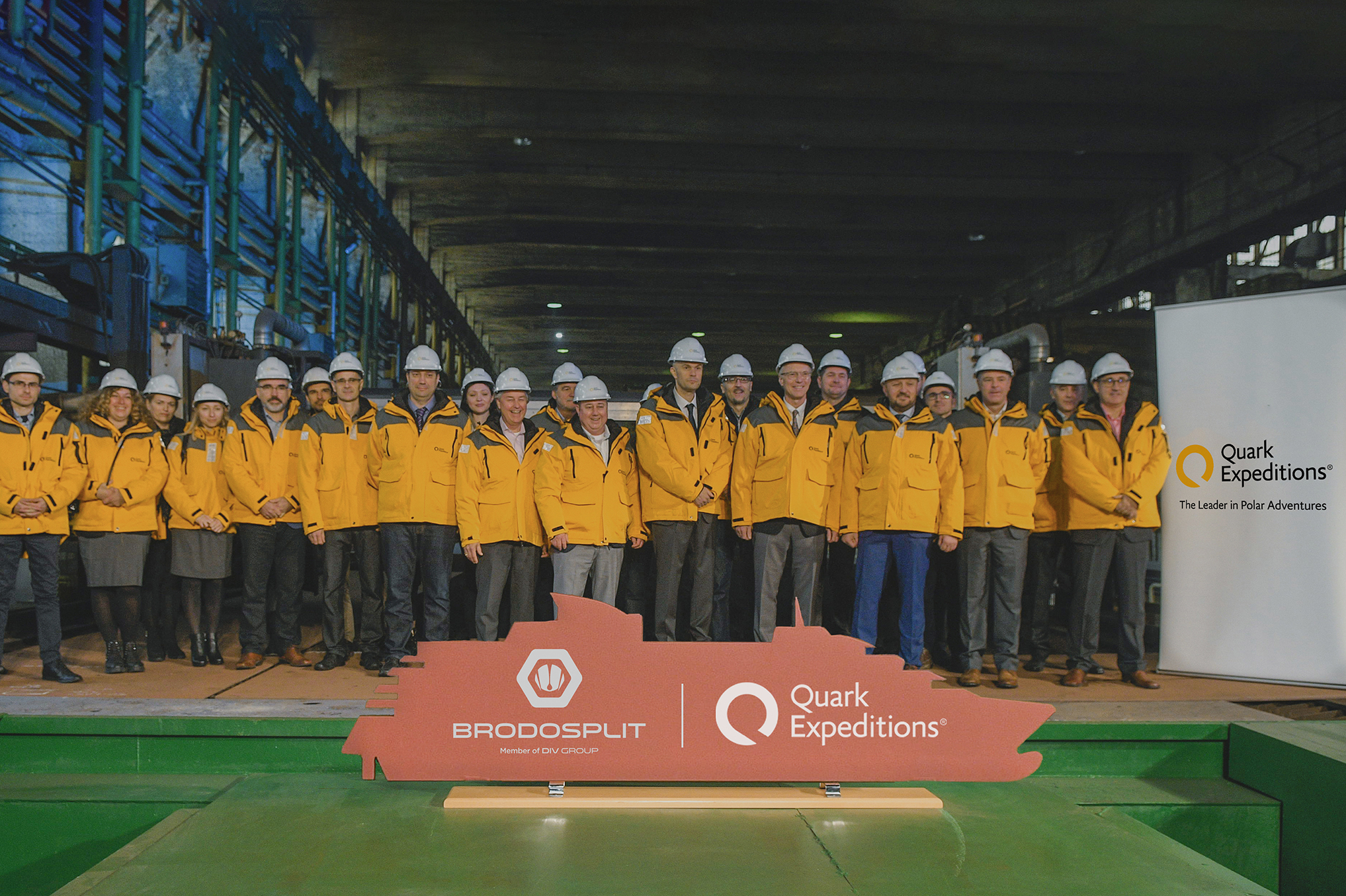 Andrew White, along with the ship building team and executives from Brodosplit, at the steel-cutting ceremony